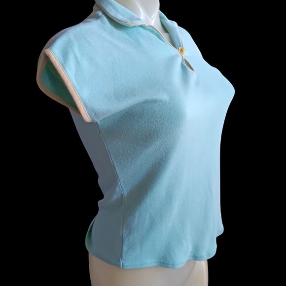 Vintage Women's Small Top 70's Disco Buttery Blue Fitted Cap Sleeve Keyhole - Picture 3 of 5